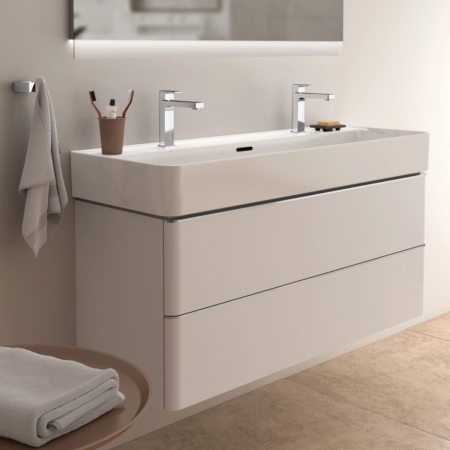 Ideal Standard Strada II Waschtisch, 120 cm, Weiß, mit zwei Hahnlöchern und Überlauf.