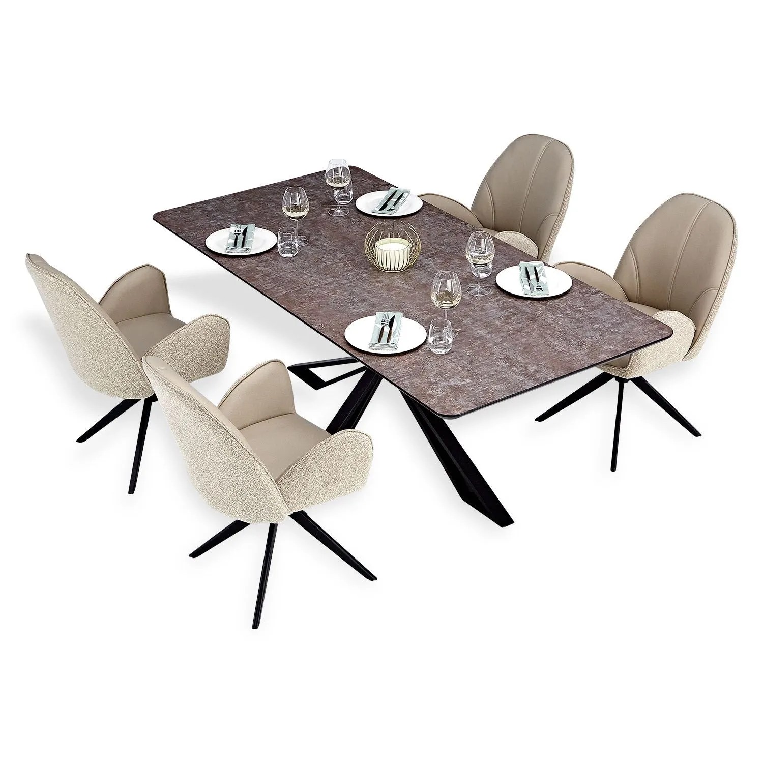 Homestyle4u Essgruppe mit 4 Stühlen Drehbar Beige Esstisch 200x100 cm 3013