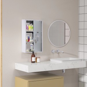 HOMCOM Medizinschrank aus Edelstahl mit Schloss, teilweise geöffnet, an Badezimmerwand montiert.