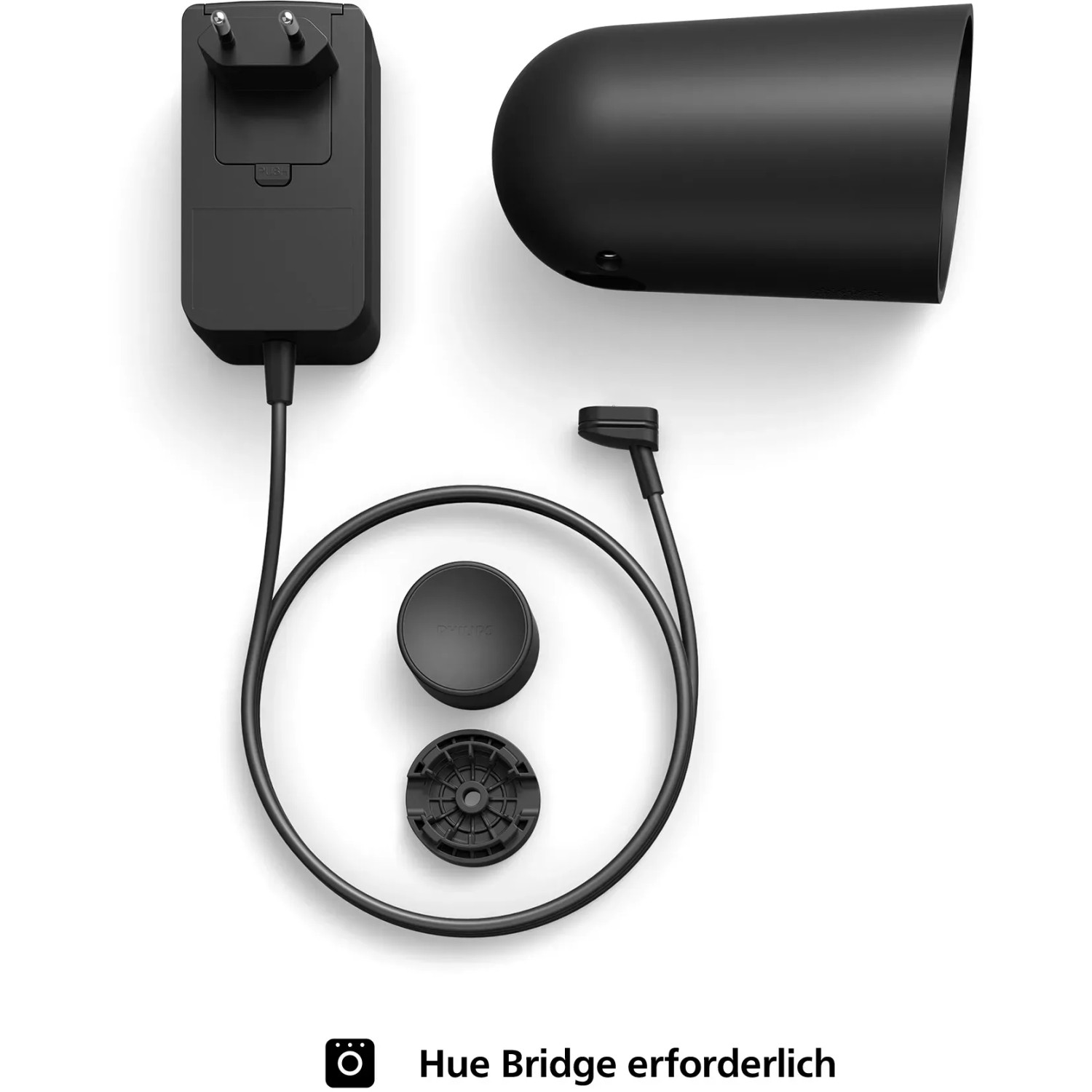 Philips Hue Secure Kamera Kabellos Schwarz: Zubehör wie Netzteil und Halterung im Überblick.