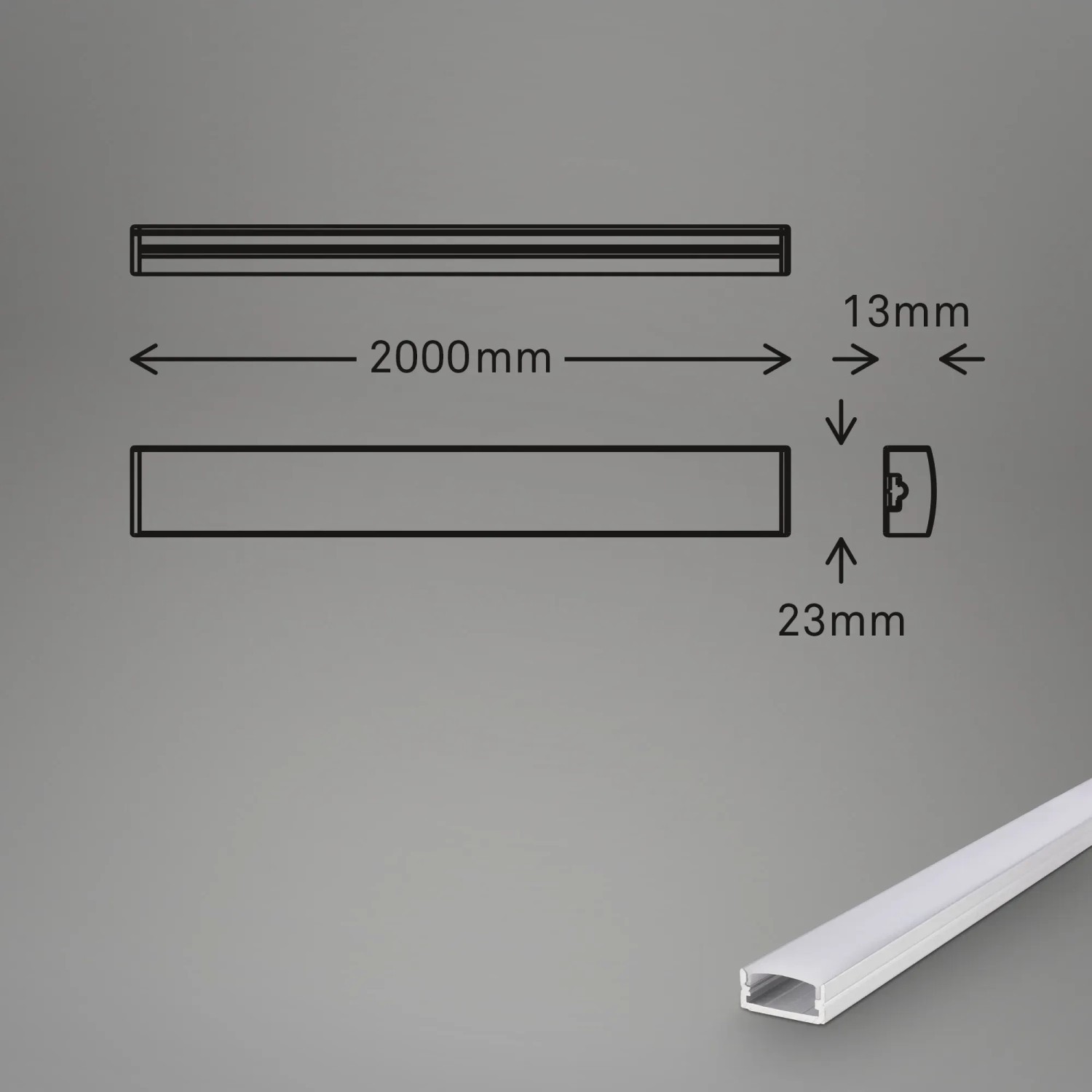 Briloner Pimp your Stripe LED-Profil, selbstklebend, 2 m, Alu-weiß, mit Maßangaben.
