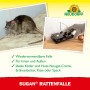 Neudorff Sugan Rattenfalle aus Kunststoff und Stahl. Eine Ratte und eine Hand, die die Falle mit Köder spannt.