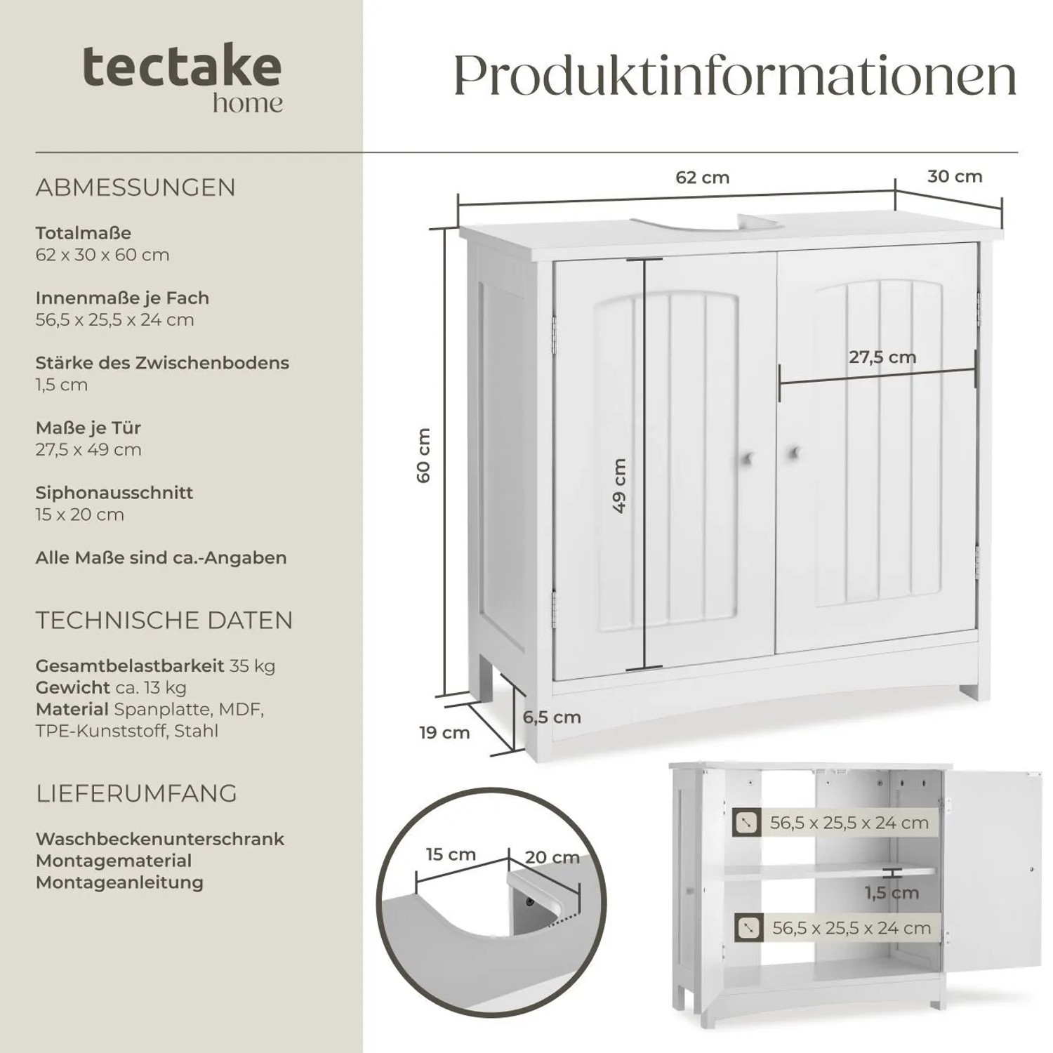 Tectake Waschbeckenunterschrank Jasper 2 Geräumige Fächer Spanplatte und Mdf Platte  30 x 62 x 60 cm Weiß_6