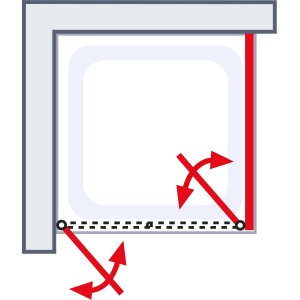Skizze der Schulte Sunny Eckdusche mit Pendeltür und Seitenwand, die die Öffnungsrichtung zeigt.