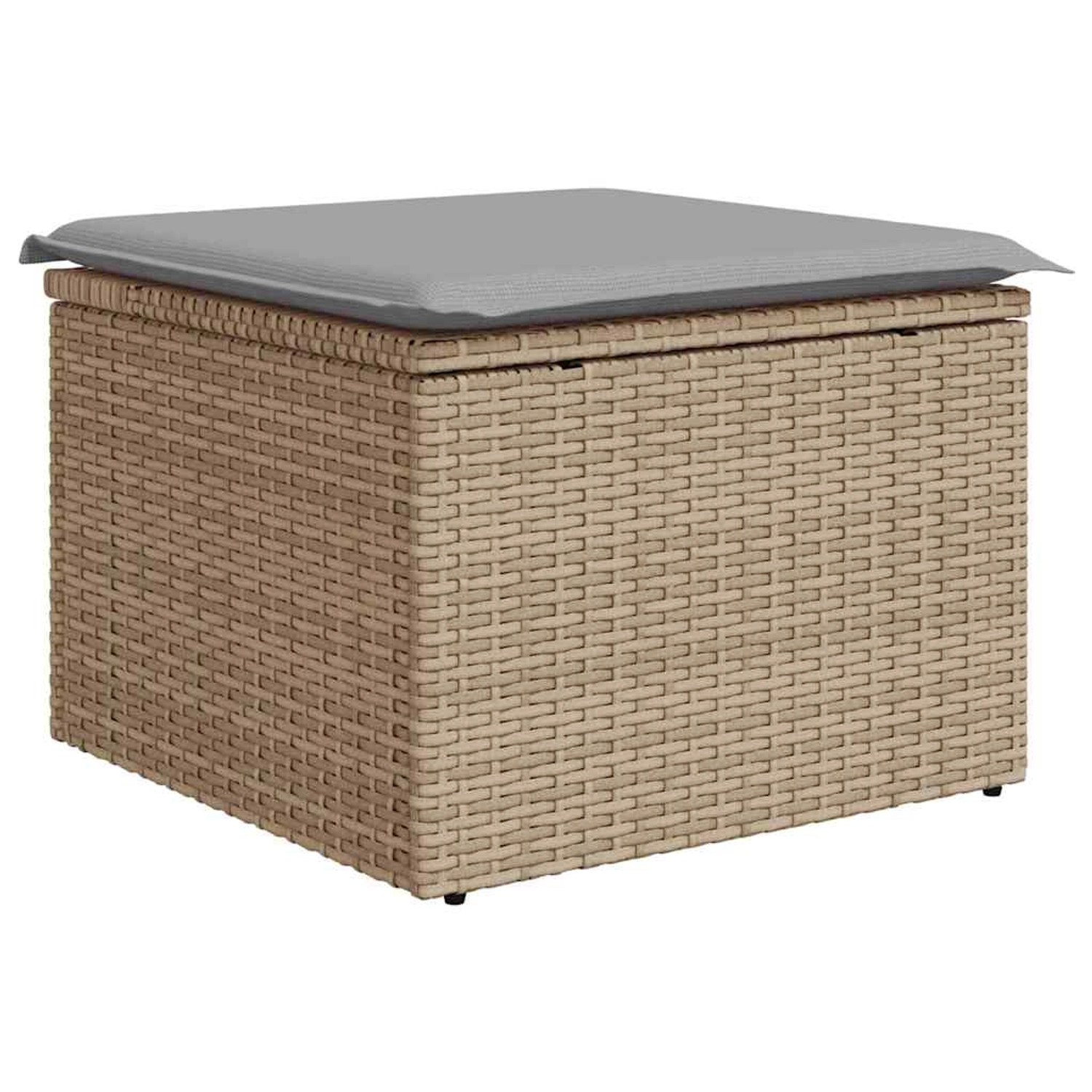 Hocker aus beigem Poly Rattan mit hellgrauem Kissen, Teil des vidaXL Garten-Sofa-Sets.