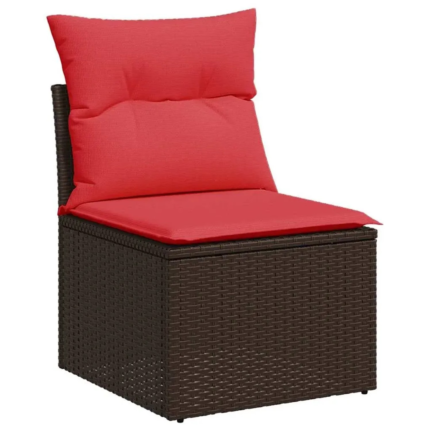 Braunes Gartensofa aus Rattan mit roten Kissen, Teil einer 9-teiligen vidaXL Garnitur.