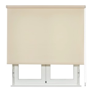 Beiges, lichtdurchlässiges Seitenzugrollo (90x250 cm) am Fenster. Sichtschutz und Dekoration.