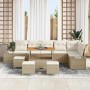 Beiges 10-teiliges vidaXL Garten-Sofa-Set aus Poly Rattan mit Tisch und Kissen.