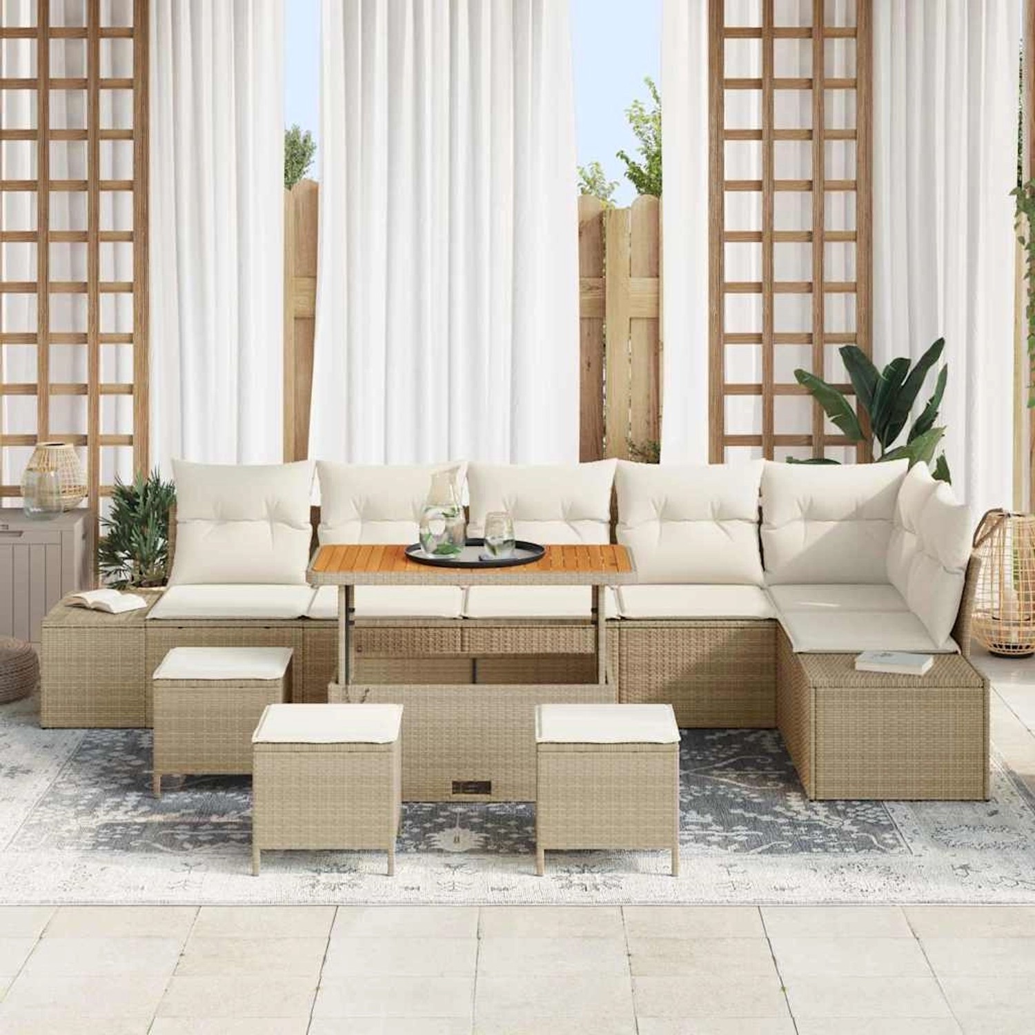 Beiges 10-teiliges vidaXL Garten-Sofa-Set aus Poly Rattan mit Tisch und Kissen.
