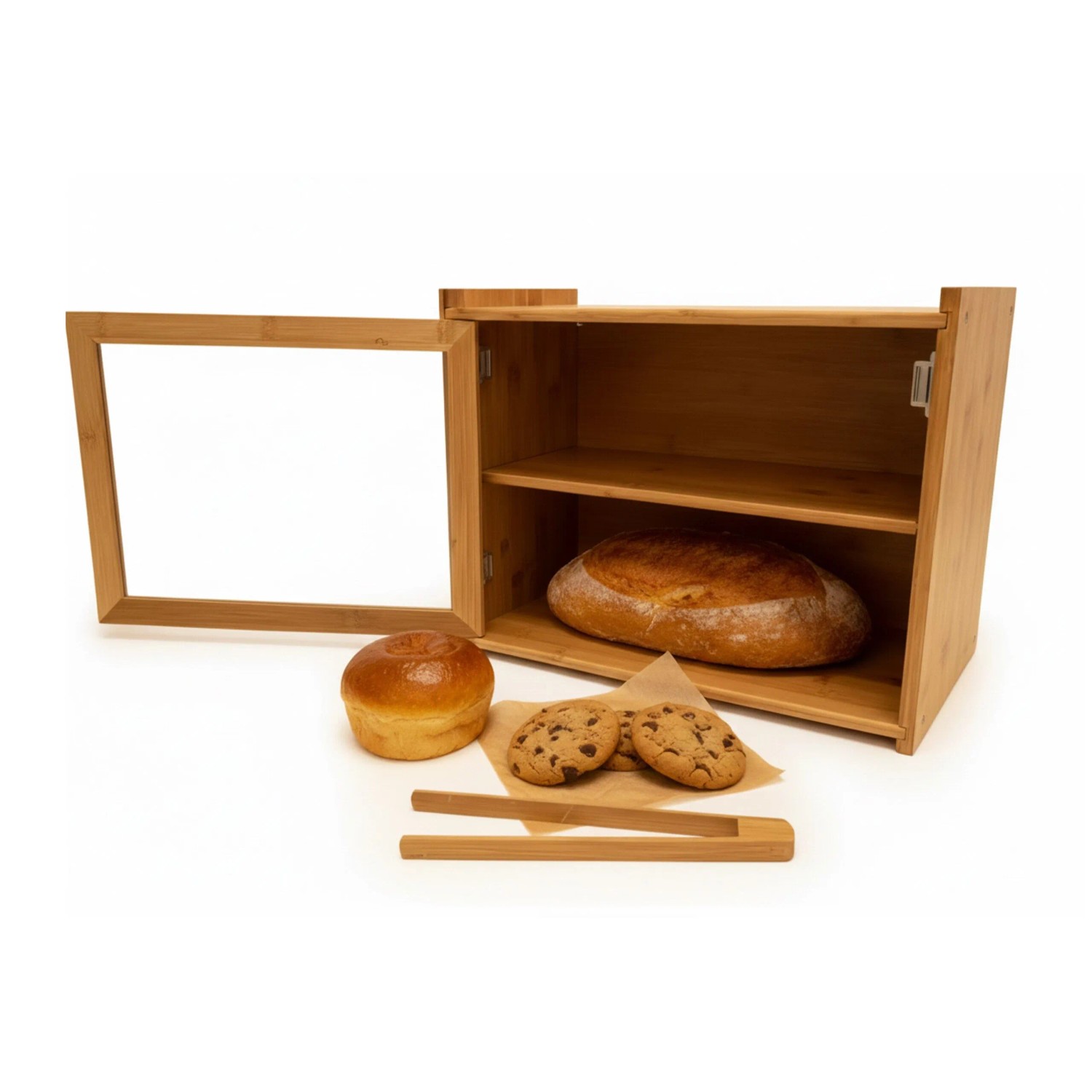 Relaxdays Brotkasten Bambus Natur 2 Etagen Sichtfenster 31 cm x 40 cm x 17,5 cm
