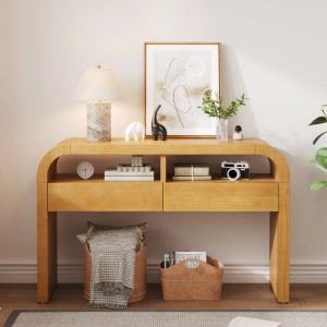 Heller okwish Konsolentisch Natur mit geschwungenem Design, 2 Schubladen und offenen Ablagen für Flur/Wohnzimmer.