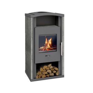 Wamsler Gron Kaminofen mit Natursteinverkleidung in Grau, 6 kW Leistung. Küchenofen mit Holz.