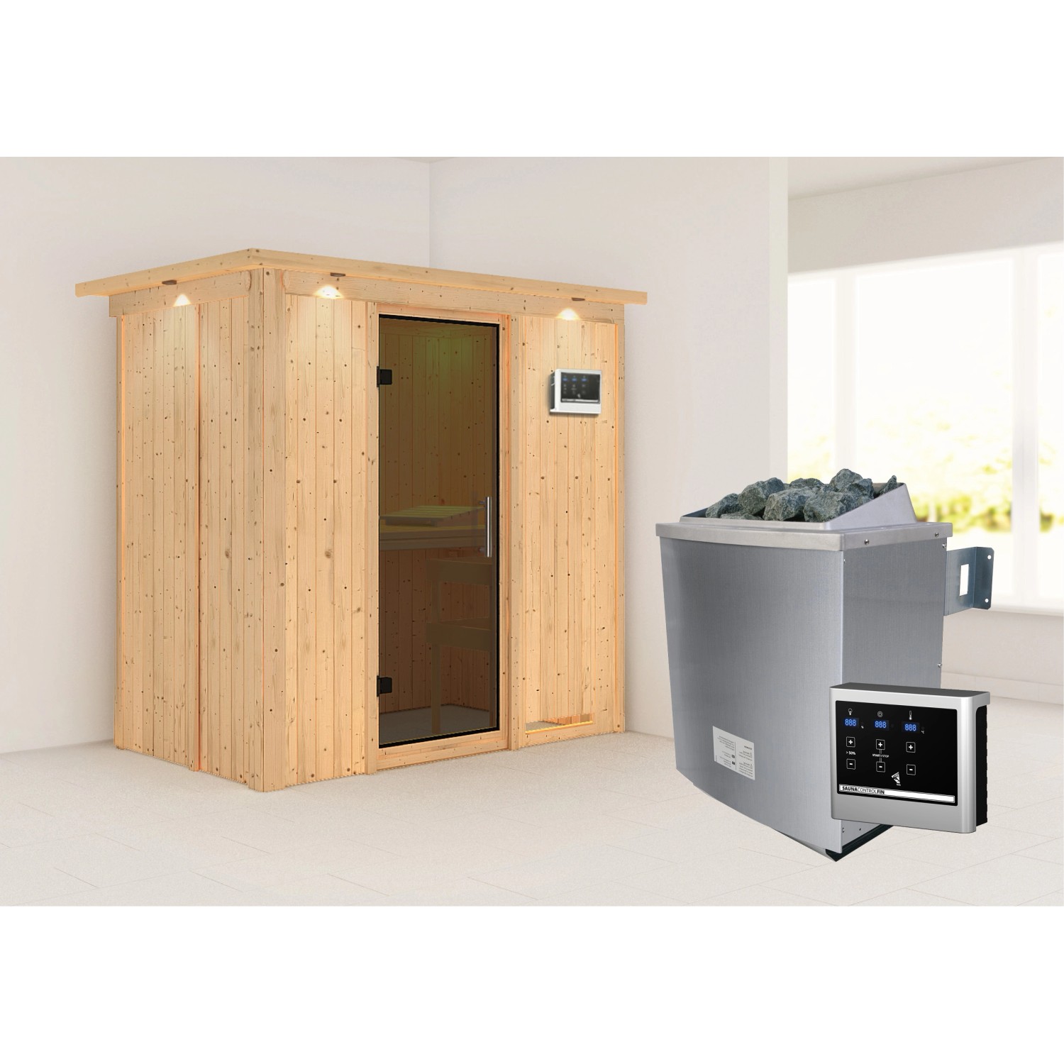 Karibu Sauna Vera + Ofen ext. Strg. Easy, Holz-Glastür, Dachkranz günstig online kaufen