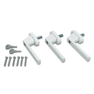 Abus Fenstergriff FG110 W, 3er-Set, abschließbar, weiß, mit Schlüsseln und Schrauben.