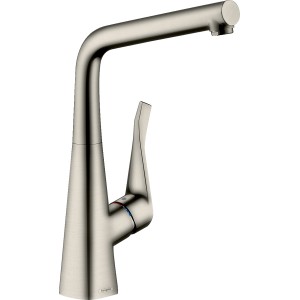 Hansgrohe Metris 320 Küchenarmatur in Edelstahl-Optik mit hohem, schwenkbarem Auslauf.