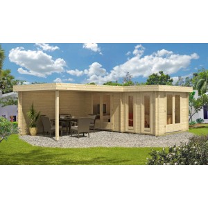 Carlsson Gartenhaus Quinta mit Flachdach, unbehandelt, 680x472 cm. Holz-Gartenhaus mit überdachter Terrasse.