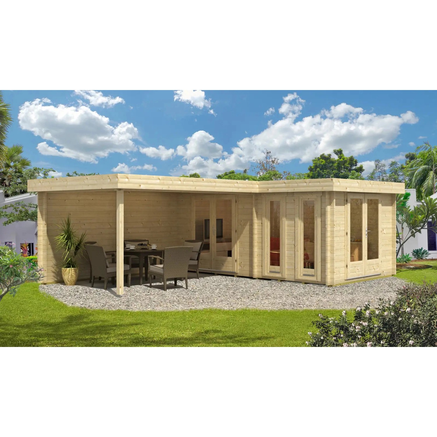 Carlsson Gartenhaus Quinta mit Flachdach, unbehandelt, 680x472 cm. Holz-Gartenhaus mit überdachter Terrasse.