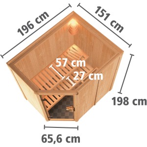 Karibu Sauna Silva mit Ofen, integrierte Steuerung, Naturholz, Innenansicht mit Bänken und Maßen.