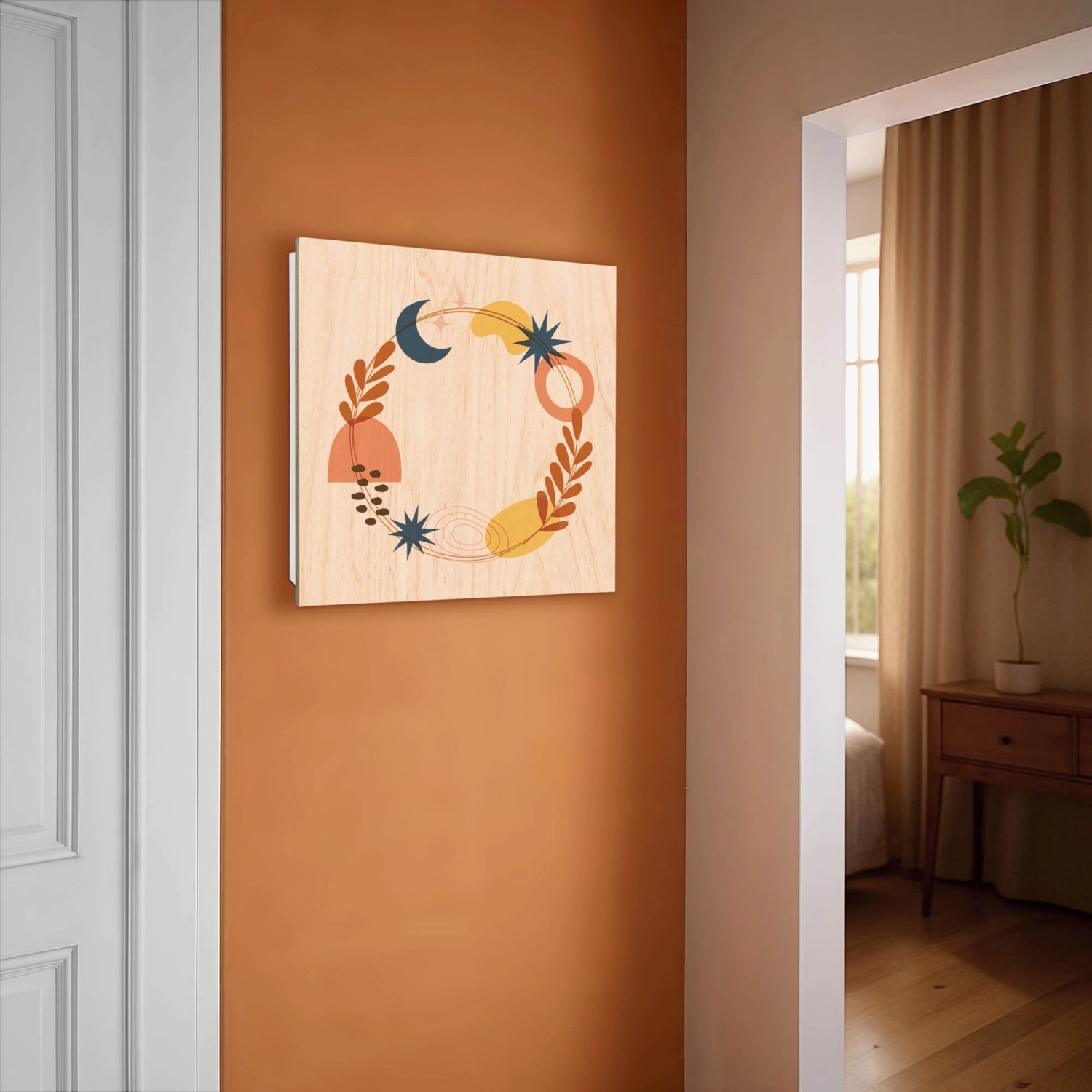 Weißer Banjado Schlüsselkasten aus Holz (30x30cm) mit Astro-Herbstkranz Motiv und 50 Haken.