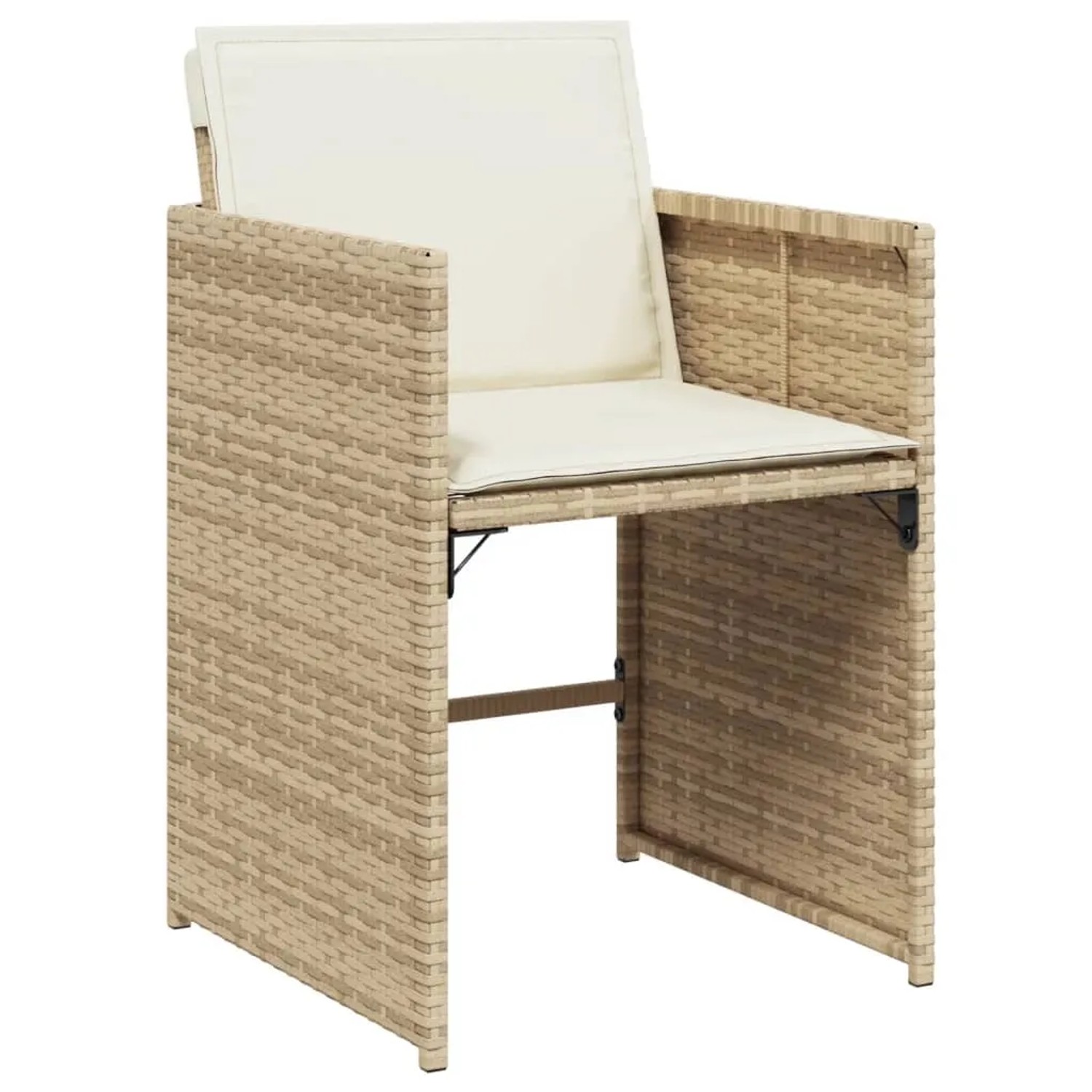 Gartenstuhl aus beigem Rattan mit cremefarbenen Kissen, Teil der vidaXL 11-tlg Essgruppe.