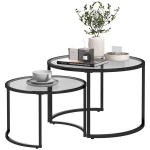HOMCOM Couchtisch 2er-Set, stapelbar, mit Glasplatte und schwarzem Metallgestell.