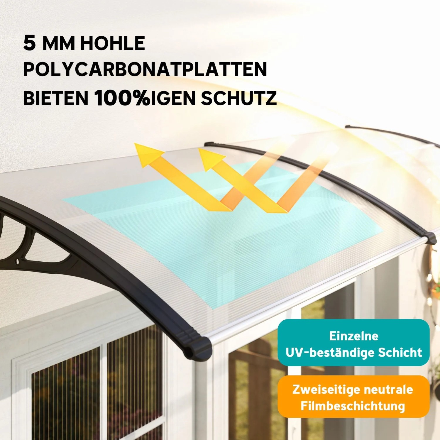 Transparentes Outsunny Pultvordach aus 5mm Polycarbonat über einer Tür, mit UV-Schutzfunktion.
