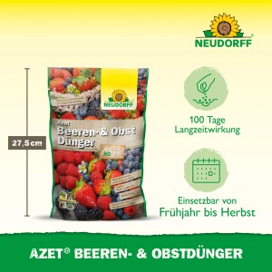 Neudorff Azet Beeren- und Obst-Dünger 750g Packung mit Erdbeeren, Blaubeeren und Himbeeren.