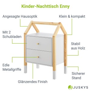 Juskys Kinder Nachttisch Enny mit 2 Schubladen, weiß und naturfarben, im Hausdesign.