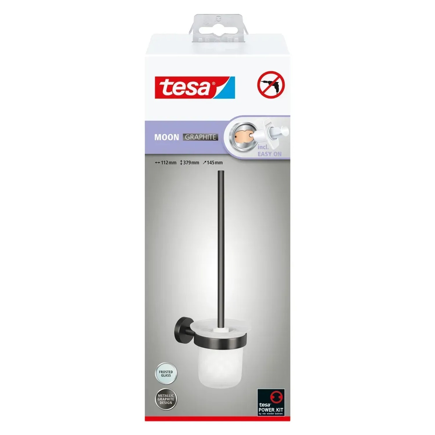 Tesa Moon WC-Bürstengarnitur in Graphit mit Glasbehälter, einfache Montage ohne Bohren.