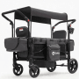 Schwarzer Sekey Bollerwagen für Kinder im Zwillingsmodus mit Sonnendach, Staufächern und robusten Rädern, ideal für Camping.