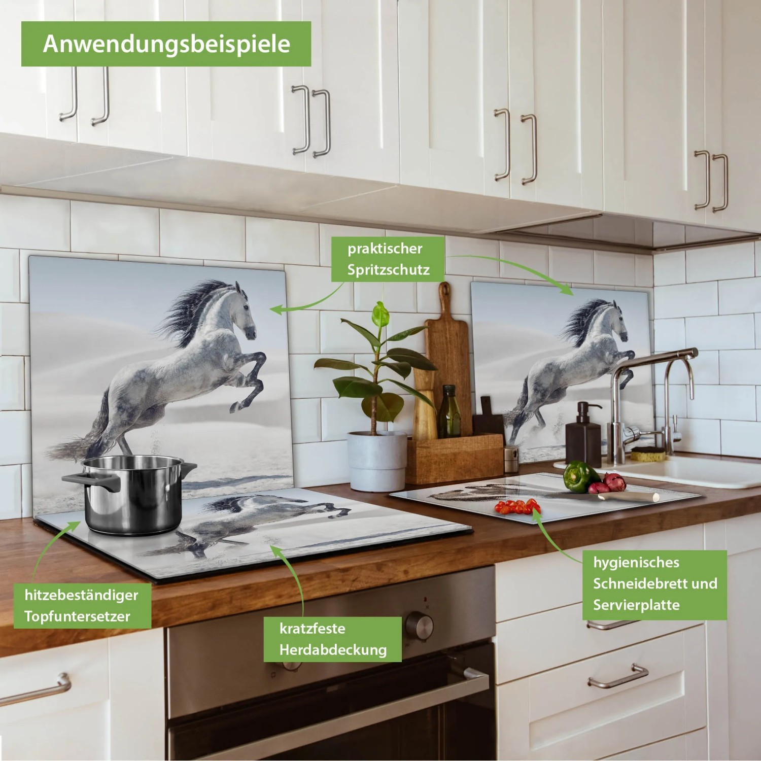 Banjado Herdabdeckplatte Glas mit Pferde-Motiv als Schneidebrett und Spritzschutz in Küche.