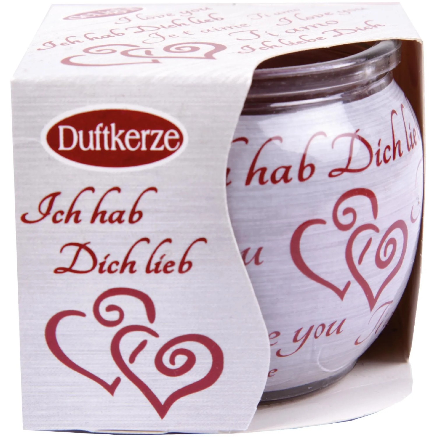 HS Candle Duftkerze "Ich liebe Dich" im Glas mit roter Schrift und Herzmotiven.