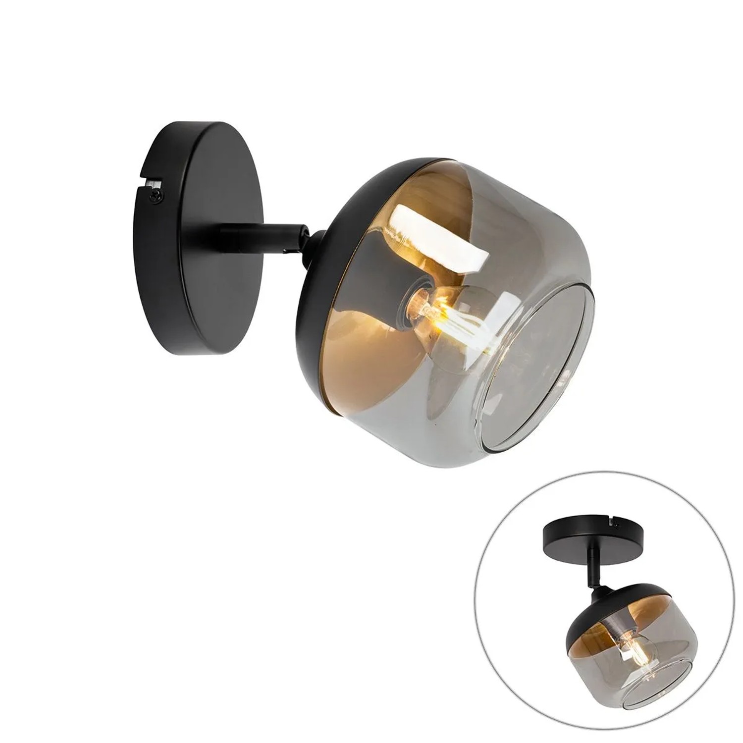 QAZQA Design Spot Schwarz mit Gold und Rauchglas   Kyan
