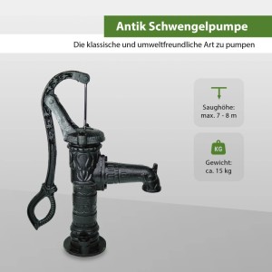 Schwarze TRUTZHOLM Antik Schwengelpumpe aus Gusseisen für den Garten.