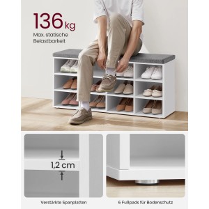 Weiße Vasagle Schuhbank mit grauem Sitzkissen, beladen mit Schuhen und einer Person.
