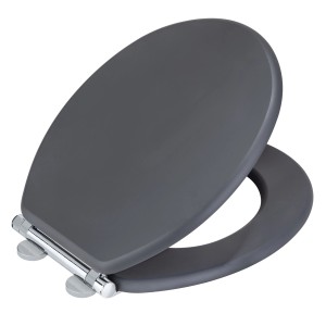 Wenko WC-Sitz Morra, anthrazitfarbener MDF-Toilettendeckel mit Absenkautomatik und Chrom-Scharnieren.