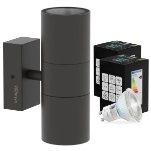 Oktaplex Chile Außenwandleuchte in Anthrazit mit GU10 Leuchtmittel und Verpackung.