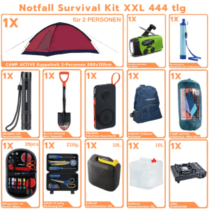JUNG BLACKOUTPro Notfall Survival Kit XXL: Zelt, Radio, Wasserfilter, Taschenlampe, Powerbank, Rucksack, Gaskocher, Werkzeugset.