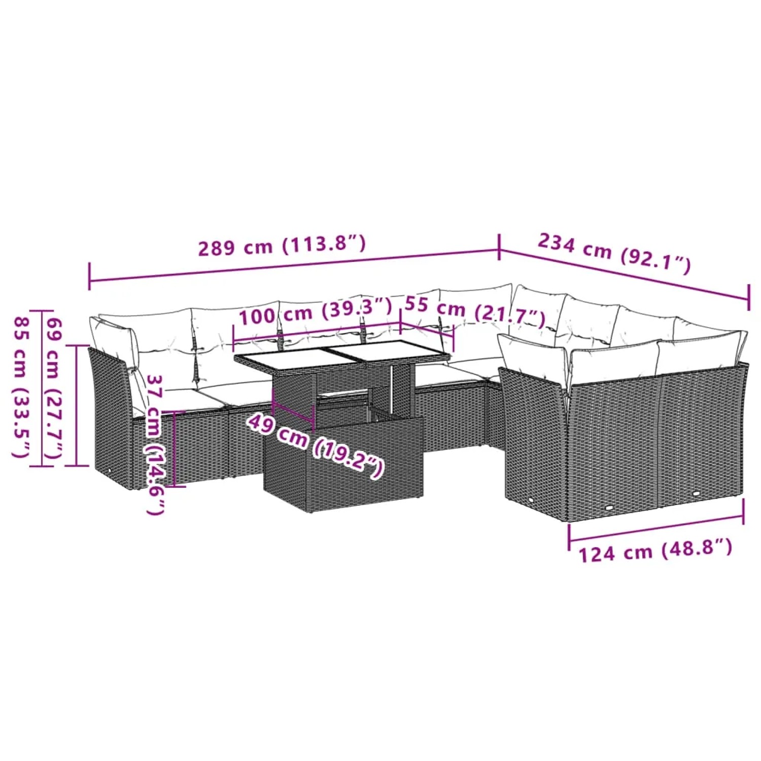 Graue 10-tlg. vidaXL Garten-Sofagarnitur aus Polyrattan mit Tisch und Kissen.