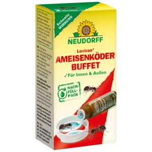 Neudorff Loxiran Ameisenköderbuffet Nachfüllpack. Gelb-grüne Packung mit 2 Flaschen Köder für Ameisenfallen.