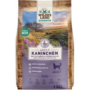 Wildes Land Hunde-Trockenfutter Kaninchen, 1kg Sack. Glutenfrei, mit Wildkräutern.