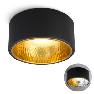 Schwarzer SSC-LUXon OLINO LED Aufbaustrahler mit goldener Innenblende, runde Deckenleuchte.