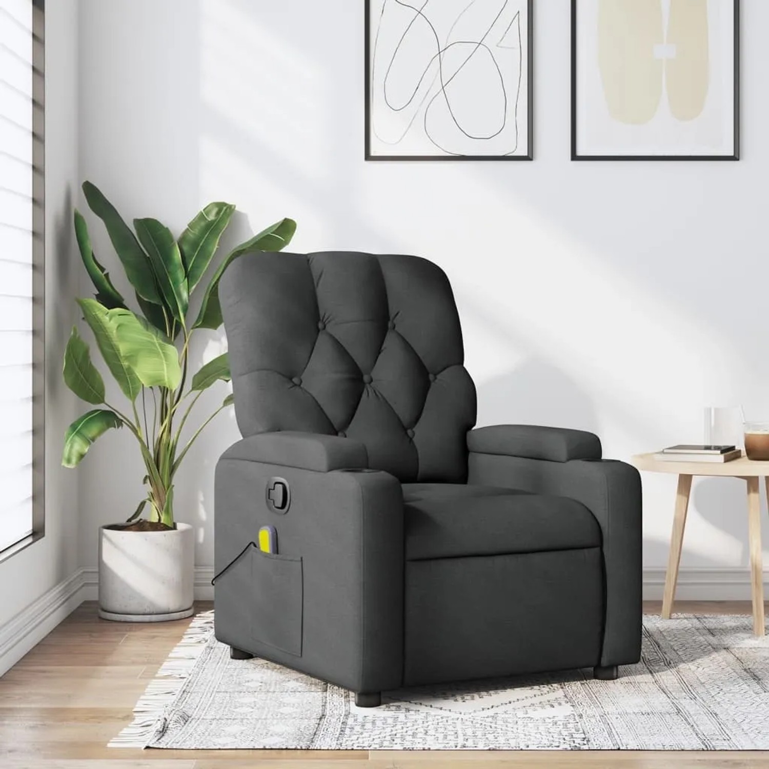 Dunkelgrauer vidaXL Massagesessel Modell 10 aus Samt mit Getränkehalter und Seitentasche.
