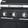Detailansicht des schwarzen tepro Gasgrills Mayfield mit 3 Brennern und silberfarbenen Reglern.