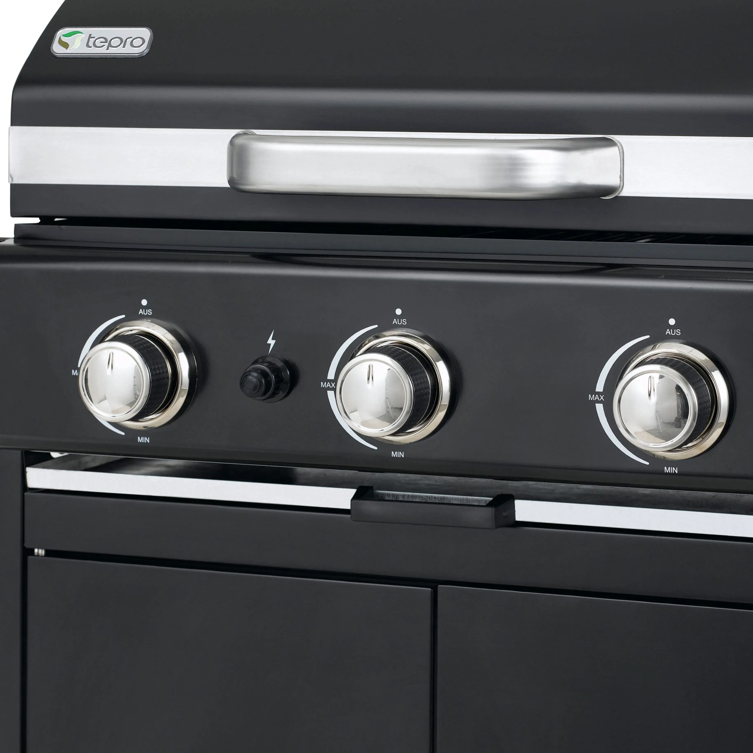 Detailansicht des schwarzen tepro Gasgrills Mayfield mit 3 Brennern und silberfarbenen Reglern.