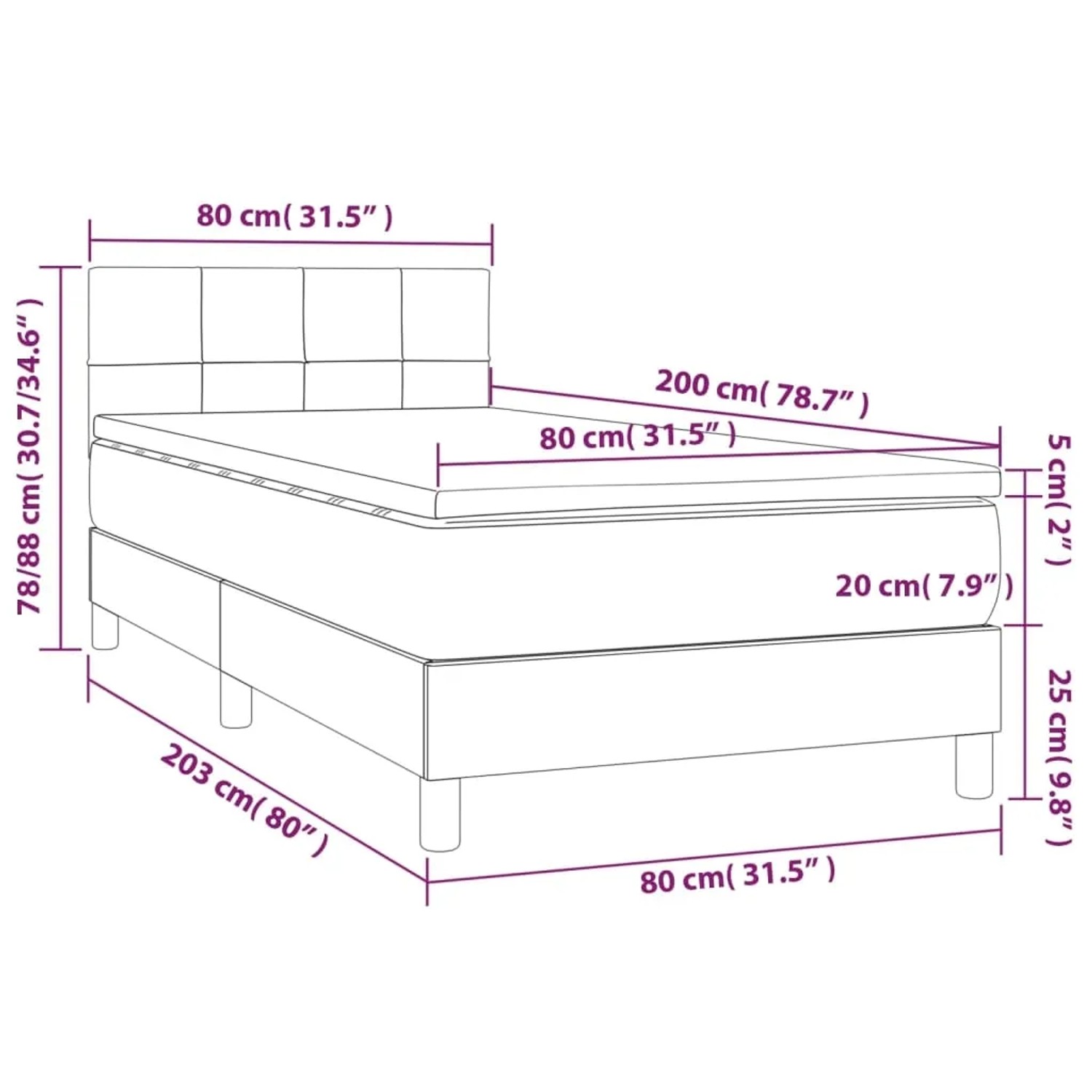 vidaXL Boxspringbett dunkelgrau 80x200 cm mit Matratze und Kopfteil, Stoffbezug.