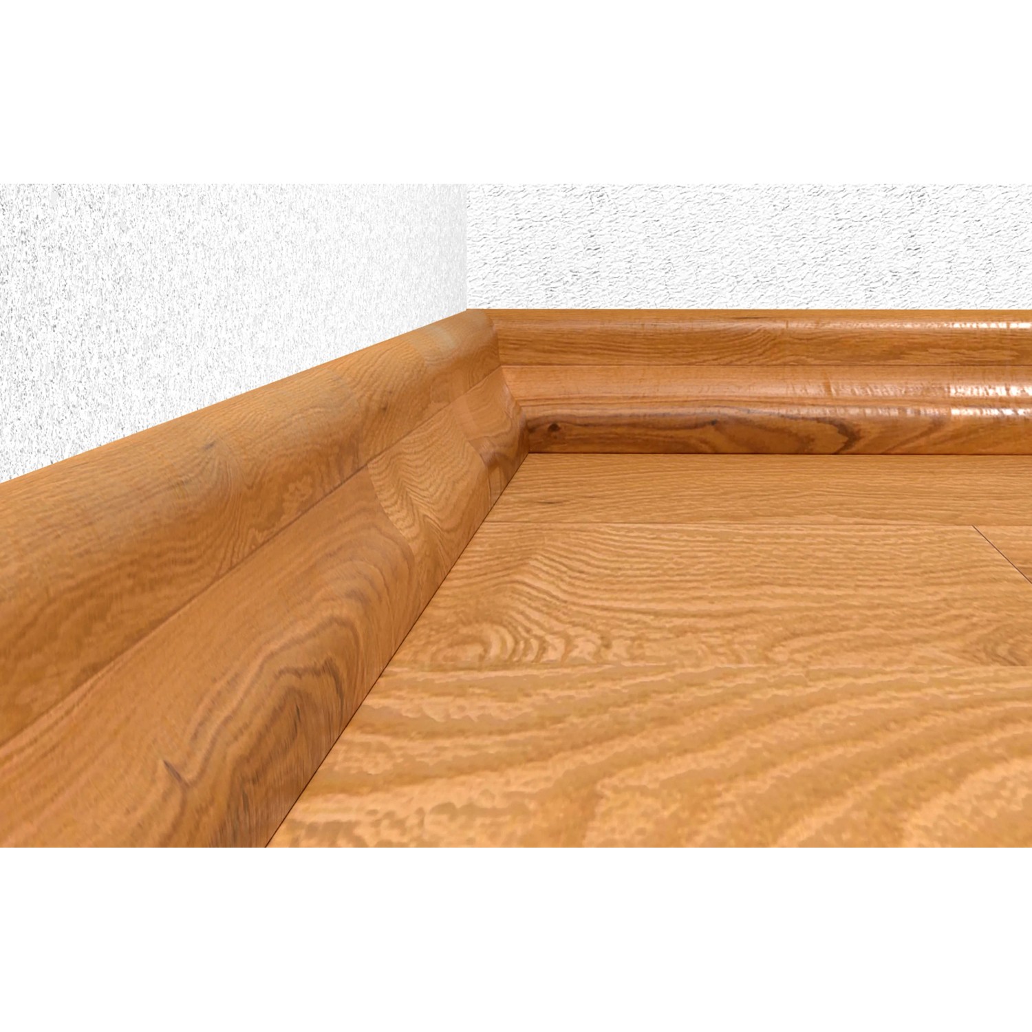 Holzsockelleiste, befestigt mit Fischer Montageklebstoff High Tack AC Weiß, an einer Wand.