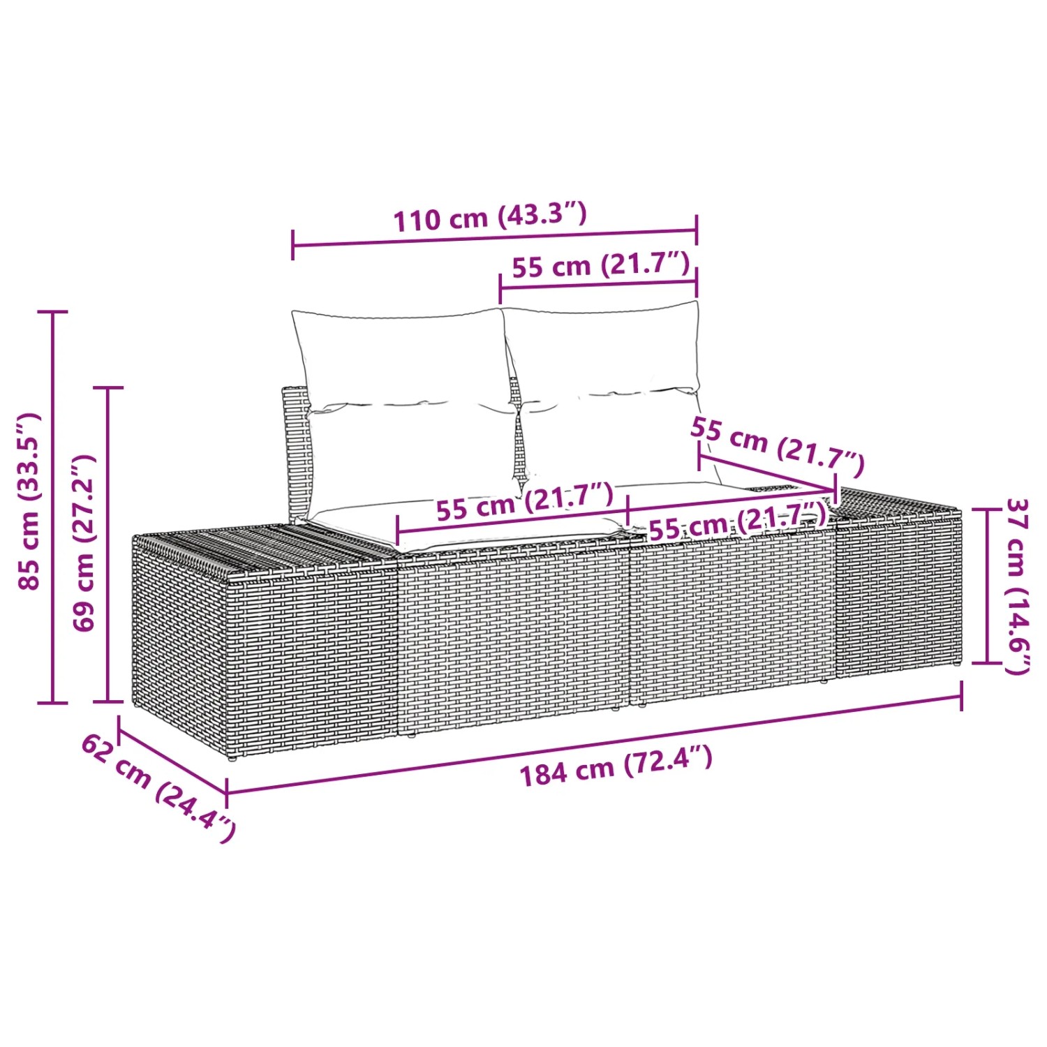 vidaXL Garten-Sofa-Set, 9-teilig, schwarz, mit Maßen und Details zur Größe des Gartenmöbel Sets.