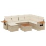 Beige 8-tlg. Garten-Sofagarnitur aus Polyrattan mit Kissen. Ecksofa, Tisch und Hocker für Terrasse und Garten.