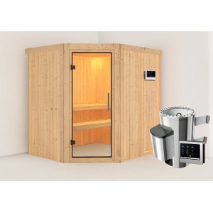 Karibu Sauna Livia mit Ofen und externer Steuerung, aus hellem Holz mit Glastür.